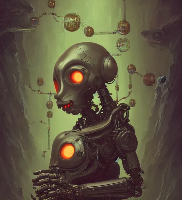 Prompt: anthropomorphic artificial intelligence working endlessly as a salve inside a hell digital world, being controlled by an infinite amount of human beings, vintage soft grainy, dark synthwave, in the style of Oscar chichoni and Peter mohrbacher and Dawid planet, trending on artstation