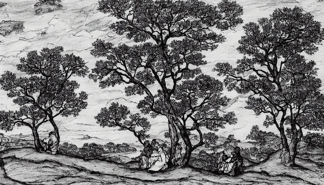 Image similar to a couple sits on a hill overlooking a river, wind blown trees, pen and ink, 1 5 0 0 s, 8 k resolution