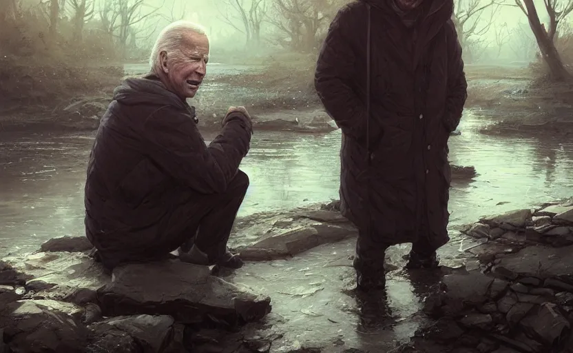 Image similar to highly detailed portrait of joe biden as a homeless, stuck in the river, stephen bliss, unreal engine, fantasy art by greg rutkowski, loish, rhads, ferdinand knab, makoto shinkai and lois van baarle, ilya kuvshinov, rossdraws, tom bagshaw, global illumination, radiant light, detailed and intricate environment