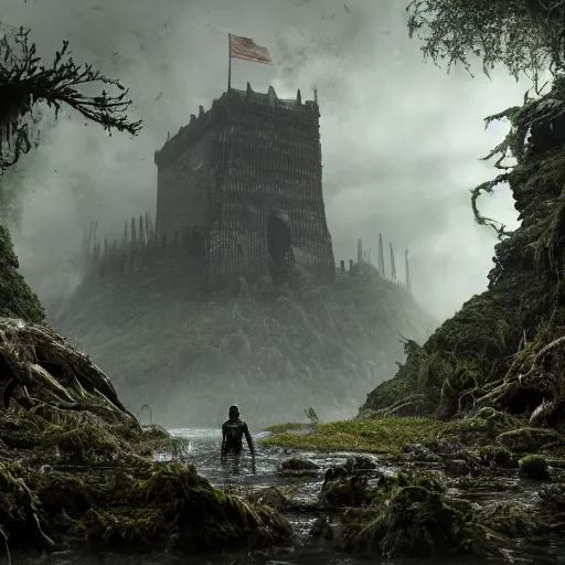 Image similar to full body pose, hyperrealistic photograph of the black keep of rotbog swamp, dim volumetric lighting, 8 k, octane beautifully detailed render, extremely hyper detailed, intricate, epic composition, cinematic lighting, masterpiece, trending on artstation, very very detailed, stunning, hdr, smooth, sharp focus, high resolution, award, winning photo, dslr, 5 0 mm