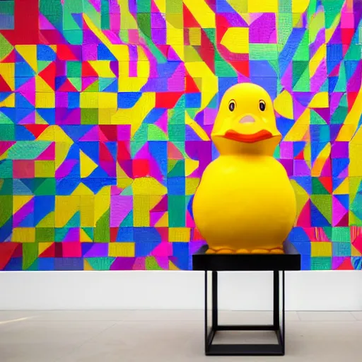 Prompt: one photorealistic rubber duck in foreground on a pedestal in an art gallery, the walls are covered with colorful geometric wall paintings in the style of sol lewitt, tall arched stone doorways.