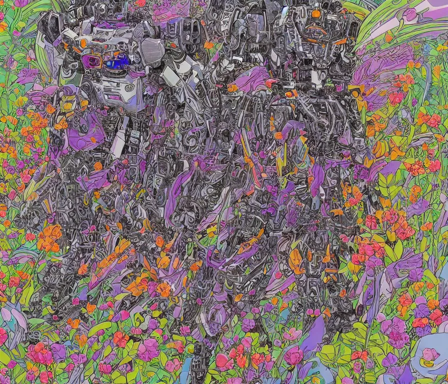 Image similar to a battle mech war in a mystical field of flowers, detailed line drawing, intricate, hd, digital art, complementing colors, detailed, illustration painting by alex gray, digital art, moebius