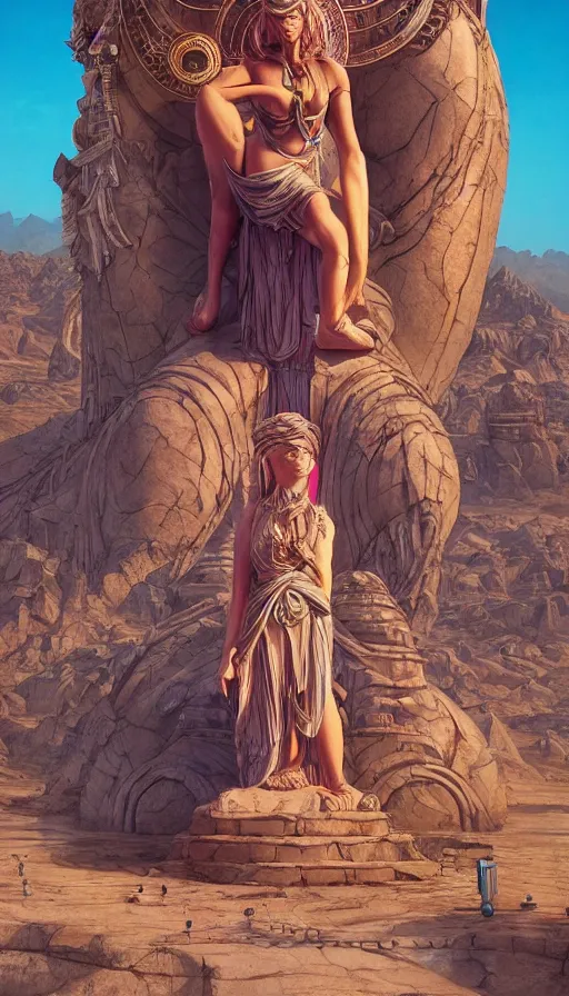 Image similar to giant stone monuments, statues across the desert, neon, tribal, goddess, fibonacci, sweat drops, insane, pinup, intricate, highly detailed, digital painting, artstation, concept art, smooth, sharp focus, illustration, Unreal Engine 5, 8K, art by artgerm and greg rutkowski and alphonse mucha