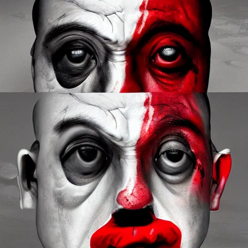 Image similar to clown cried with bloods, realism art by joongwon charles jeong, tjalf sparnaay, gottfried helnwein, roberto bernardi, emanuele dascanio, robin eley, eloy morales