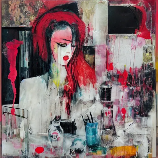 Image similar to “ a portrait in a female art student ’ s apartment, hakone checkpoint, sensual, art supplies, a candle dripping white wax, berry juice drips, acrylic and spray paint and oilstick on canvas, surrealism, neoexpressionism ”