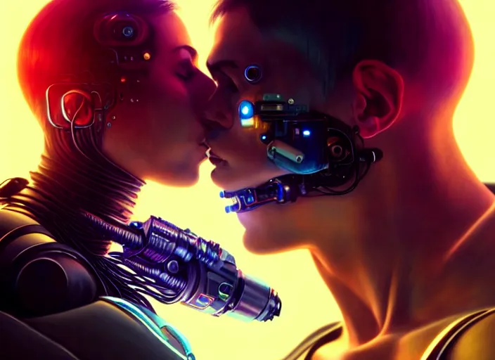 Image similar to ultra realistic medium shot of a couple of cyborgs kissing, lovers, cyberpunk, sci - fi, fantasy, kodak, colour led, soft light, volumetric lighting, night, intricate, highly detailed, digital painting, concept art, smooth, sharp focus, illustration, art by artgerm and greg rutkowski and alphonse mucha