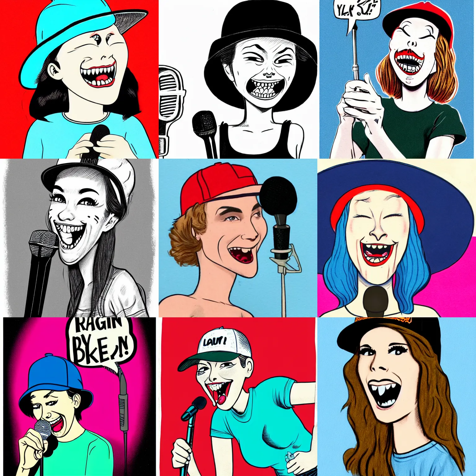 Prompt: a very attractive 3 0 - year - old skatepunk comedienne wearing a flatbrim hat holding a microphone in her right hand, laughing, pale beautiful skin, no makeup, pale blue eyes!, drawing by charles burns, tumblr contest winner, lowbrow, adafruit, lighthearted, contest winner