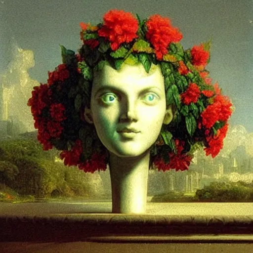 Image similar to a painting by Thomas Cole of a vaporwave robot head with flowers growing out, highly detailed 3d rendering from 1996