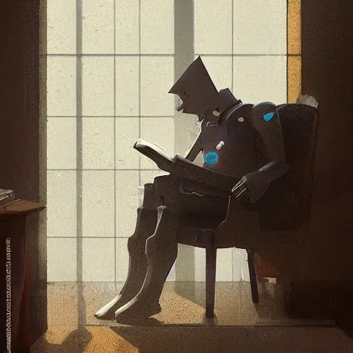 Image similar to robot reading the newspaper in his armchair in the background books near a window by Greg rutkowski, Trending artstation