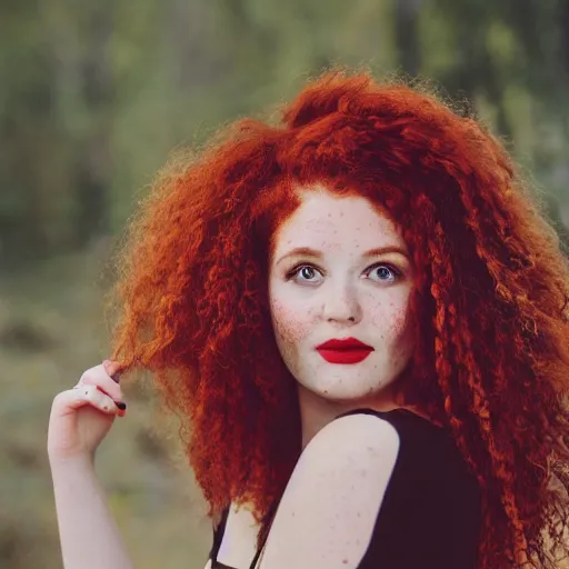 Image similar to DSLR photography medium closeup of a gorgeous red haired woman with big curly hair and freckles, curvy figure wearing dress with flower print, trending on instagram, golden hour, warm lightroom preset