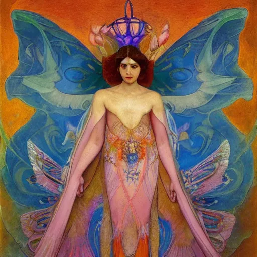 Image similar to queen of the dawn with her wings and her lantern, by Annie Swynnerton and Nicholas Roerich and Diego Rivera, flowing robes, bioluminescent skin, floral tattoos, elaborate costume, geometric ornament, symbolist, soft colors, smooth, sharp focus, extremely detailed