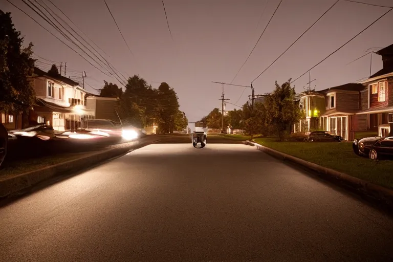Prompt: an emty street with a car at night with only by one street light, photo by Gregory Crewdson,