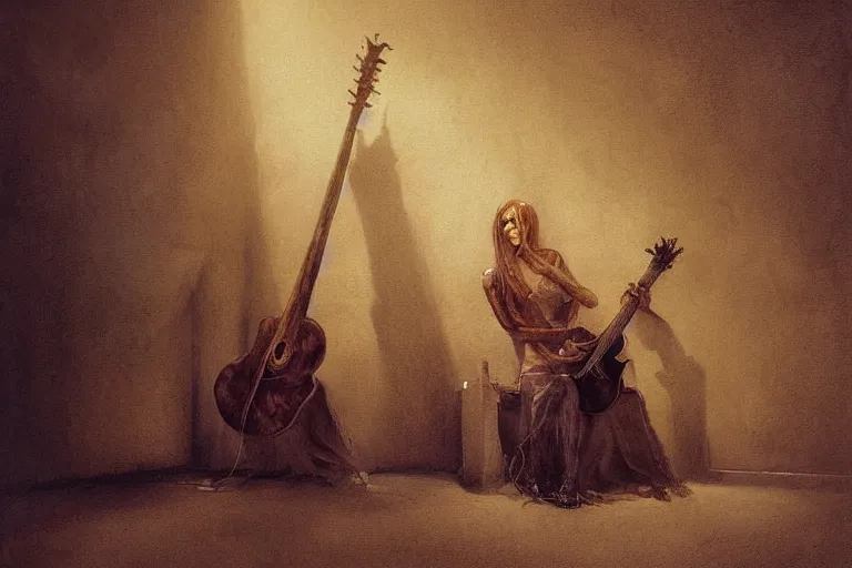 Prompt: still life. an empty brutalist chamber, lonely, somber, a cursed demonic istrument lute, oud, guitar designed by brian froud leans against the wall alone, abandoned. a thin wisp of smoke rises from the lute. late afternoon lighting cinematic fantasy painting by jessica rossier