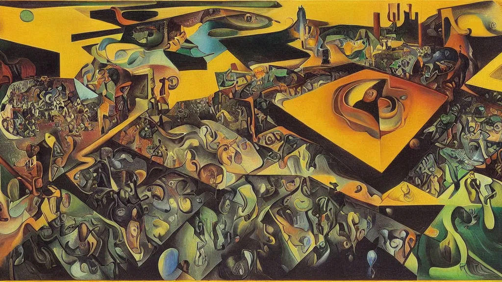 Prompt: unholy gathering, 4K, Futurism & Harlem Renaissance, colorized, by collaboration of Salvador Dali, Van Gogh and M. C. Escher