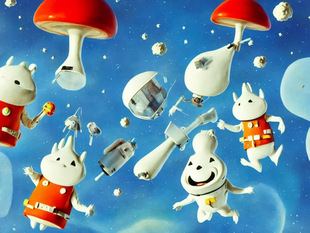 Prompt: moomins in space suits flying around with jetpacks discovering the mushroom planet, photorealistic painting, cgi, low volumetric light, movie still, very cute and cozy and fluffy and sweet