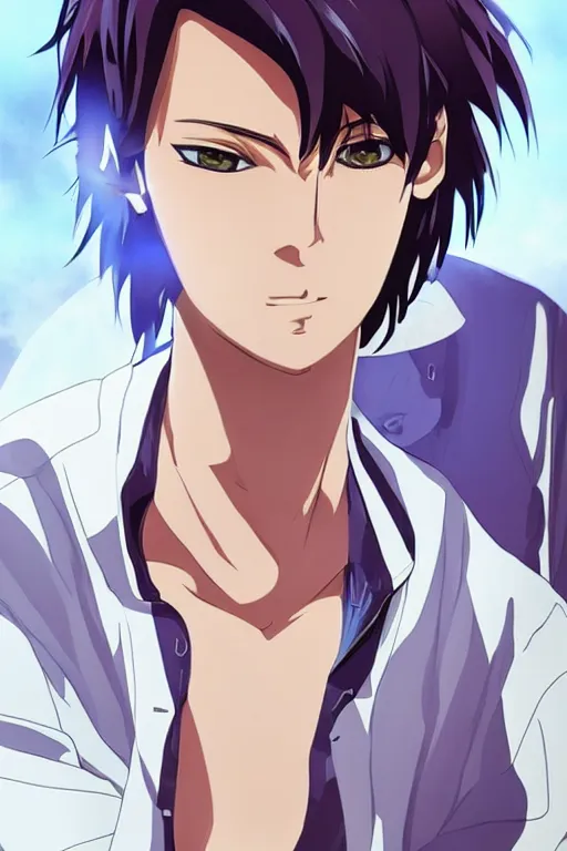 Prompt: portrait of a teen boy wearing a blue and white jumpsuit, brown spiky hair, tan skin, purple eyes, detailed, anime key visual, hisashi hirai