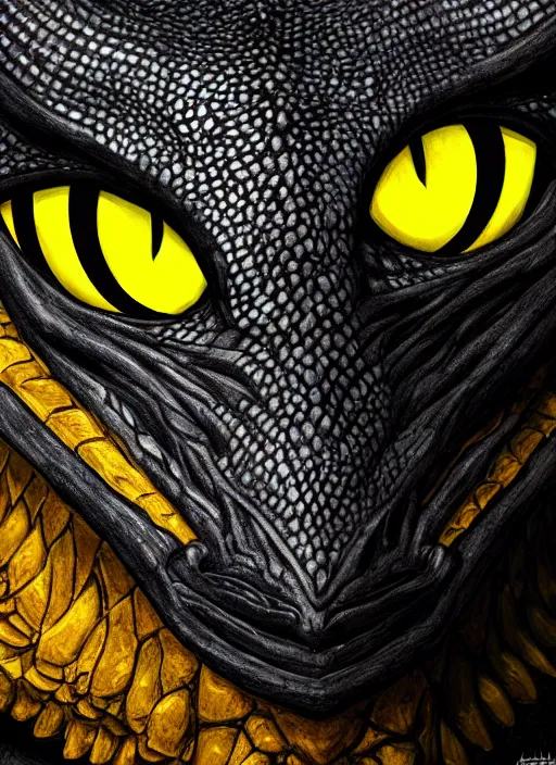 Image similar to closeup portrait of black dragon head with yellow eyes, ultra realistic, fantasy, magic, dnd,