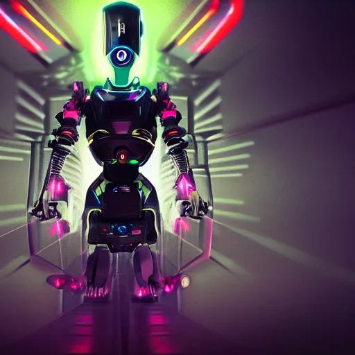 Image similar to futuristic robot with neon eyes, hyperrealistic, cinematic, sleek, epic fantasy background