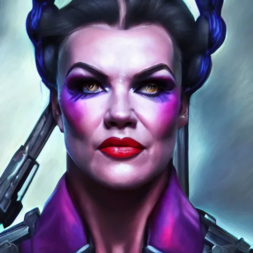 Image similar to a screenshot of arnold schwarzenegger as widowmaker in overwatch, portrait, fantasy, beautiful face, vivid colors, elegant, concept art, sharp focus, digital art, hyper - realistic, 4 k, unreal engine, highly detailed, hd, dramatic lighting by brom, trending on artstation