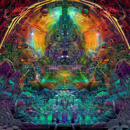 Prompt: techno earth plaza with a divine jungle of deities and peoples living together in harmony created by android jones, vector illustration