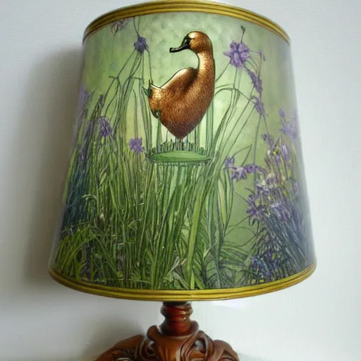 Prompt: beautiful victorian art nouveau duck lampshade, river reeds duckweeds, mucha kilian eng