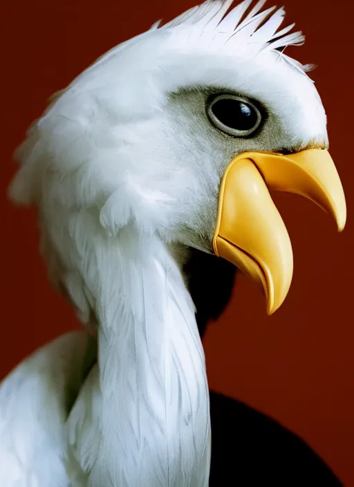 Image similar to portrait of ryan gosling with a long neck a beak and white feathers, white feather suit, natural light, sharp, detailed face, magazine, press, photo, steve mccurry, david lazar, canon, nikon, focus