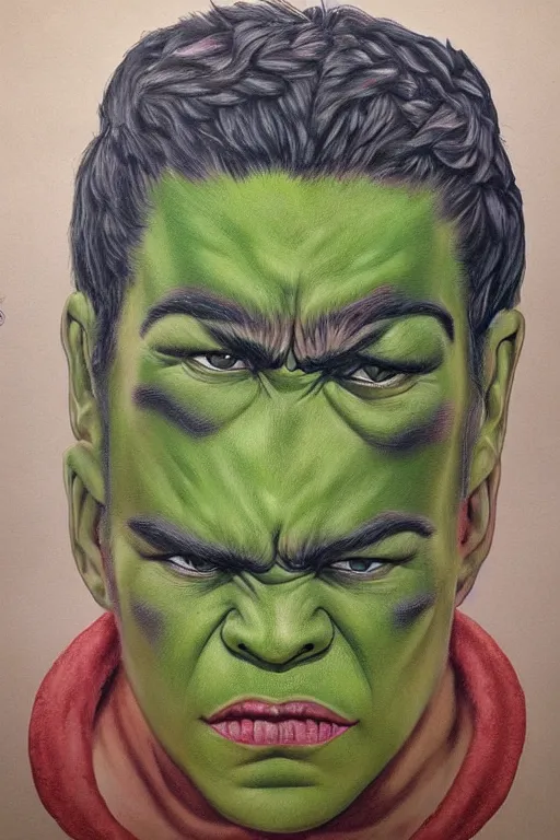 Image similar to ultra detailed incredible hulk portrait in the style of Frida Kahlo