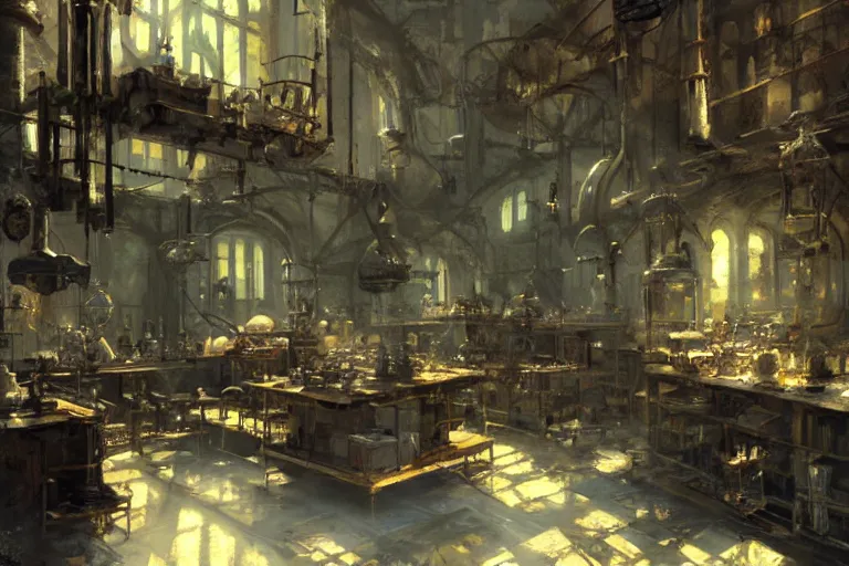 Prompt: the interior of an alchemist ’ s laboratory, concept art by craig mullins