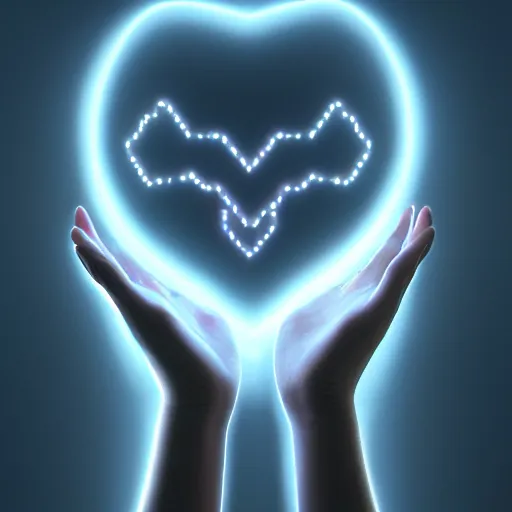 Image similar to a floating glowing infinity mixed with a heart symbol above my hands, cinematic, fantasy octane render 8 k postproduction