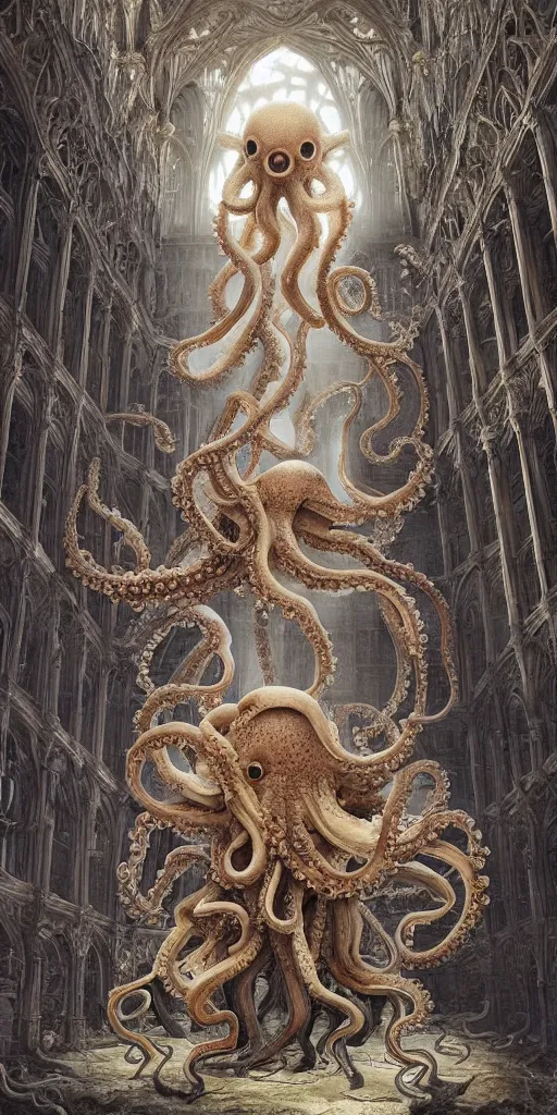 Image similar to group of mankind species mages with enormous translucent octopus heads floating around inside an ancient mage castle hall colossal scale, gothic and baroque, brutalist architecture, ultradetailed, intricate details by Ellen Jewett and Josan Gonzalez and Giuseppe Arcimboldo