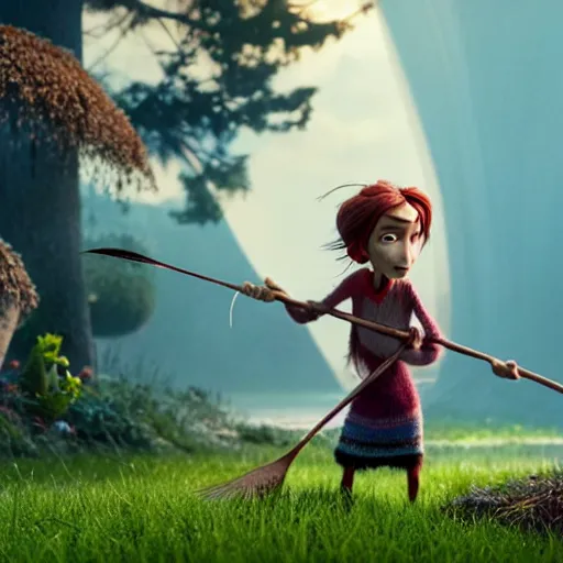 Image similar to a stopmotion animation character, a beautiful canadian woman, pulling weeds out frantically, some grey hair, stripey pants, octane render, 8 k, kubo and the two strings, jan svankmayer, disney, pixar,