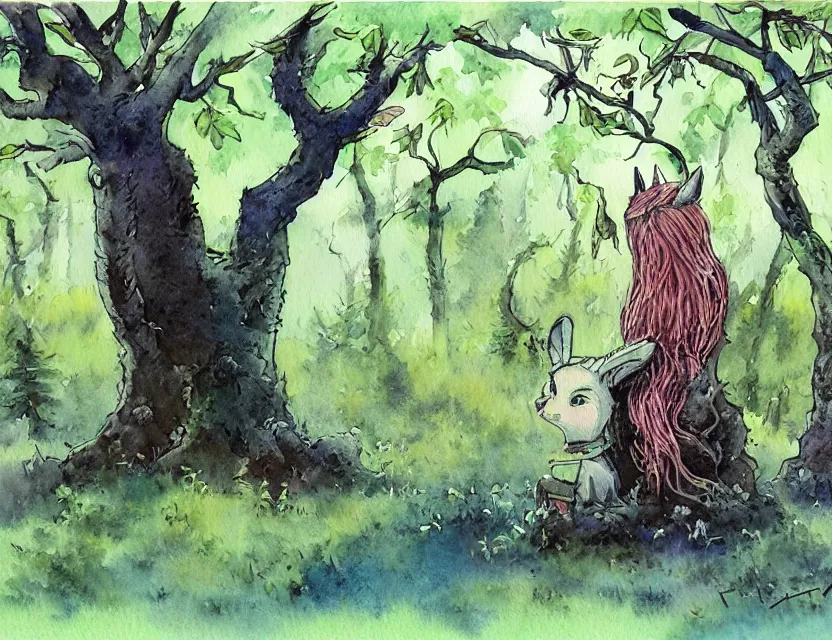 Image similar to lost forest spirit in an orchard. this watercolor painting by the award - winning comic artist has dramatic lighting, an interesting color scheme and great sense of depth.