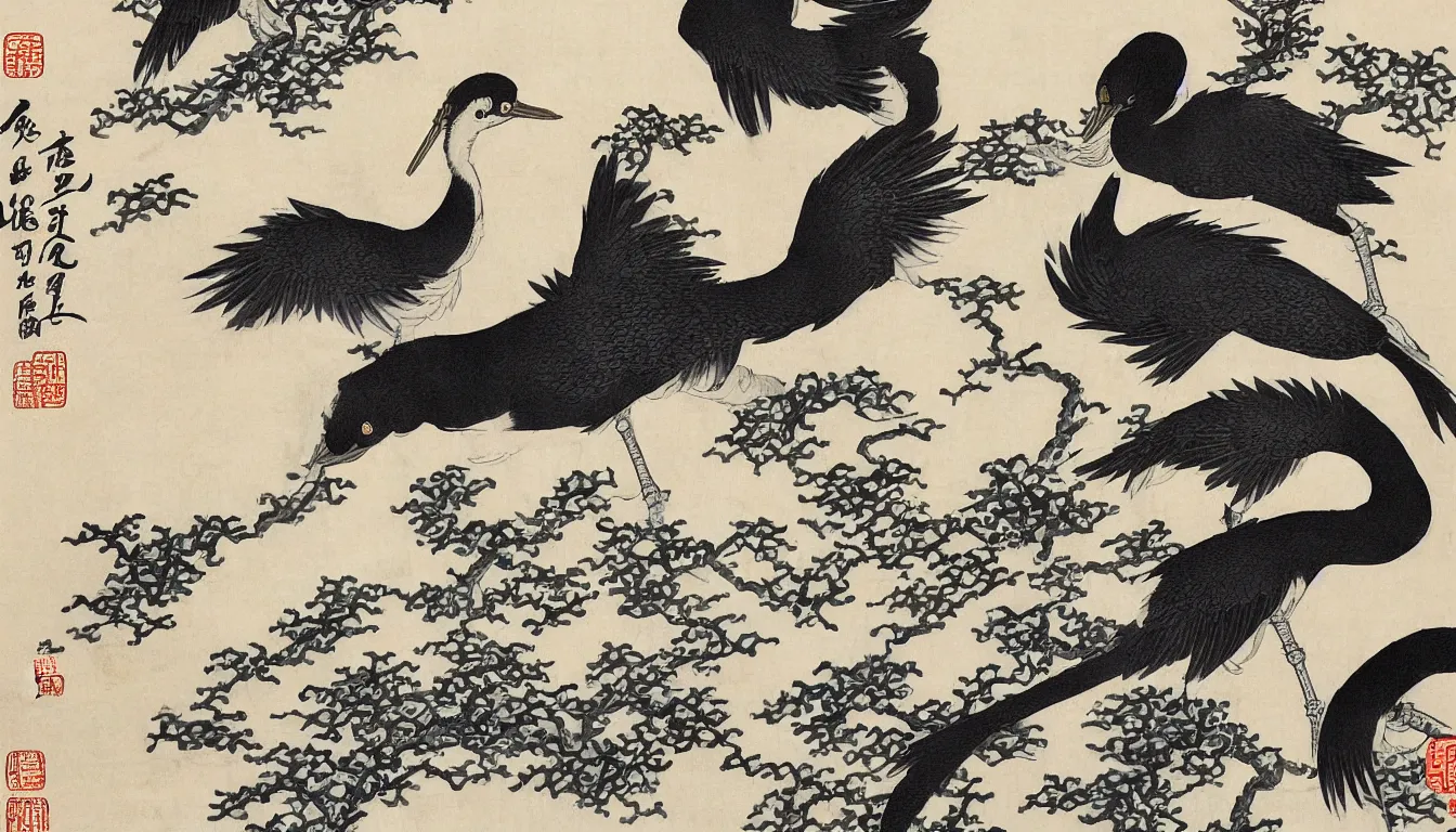 Image similar to traditional chinese ink of japanese crane by hokusai, ultra detailed