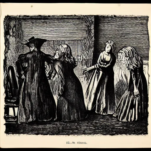 Prompt: an etching of the salem witch trials