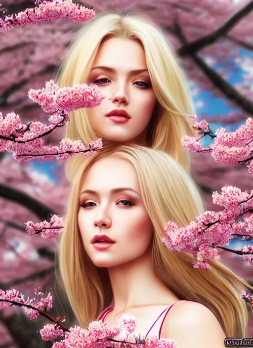 Image similar to photo of a gorgeous blonde female in the style of stefan kostic, realistic, half body shot, sharp focus, 8 k high definition, insanely detailed, intricate, elegant, art by stanley lau and artgerm, extreme blur cherry blossoms background