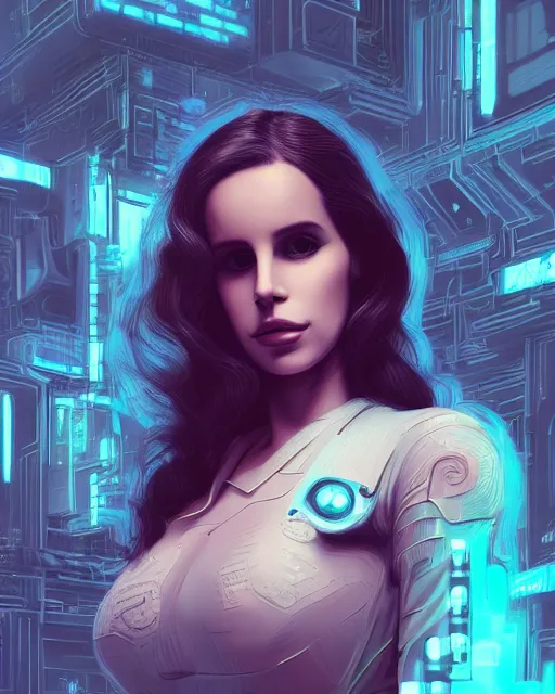 Image similar to portrait of lana del rey as a cyberpunk cyborg. roses, sci - fi, missing panels, intricate abstract, upper body, intricate artwork, by tooth wu, wlop, beeple, dan mumford. concept art, 8 k octane render, deviantart, greg rutkowski, cinematic, key art, hyperrealism, iridescent accents