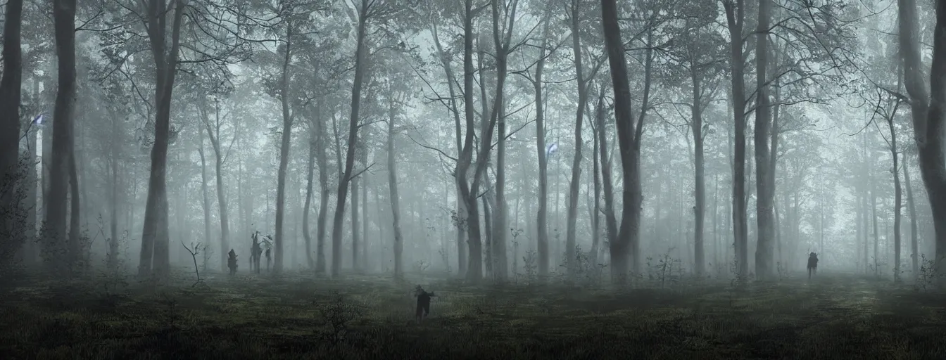 Prompt: creepy rusty bots searching for remaining humans in dark foggy old forest in the night, postapo, dystopia style, heavy rain, reflections, high detail, dramatic moment, motion blur, dense ground fog, dark atmosphere, saturated colors, by darek zabrocki, render in unreal engine - h 7 0 4