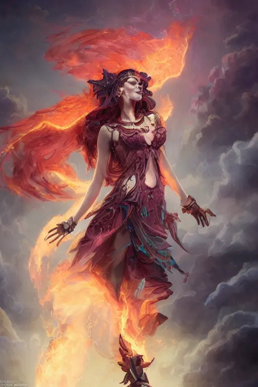 Prompt: beautiful girl necromancer in organic flaming velvet, wizard of the coast casting magic spell, angel, magic storm and thunder clouds, fantasy, magic the gathering, hyper detailed, 3 d render, hyper realistic detailed portrait, peter mohrbacher