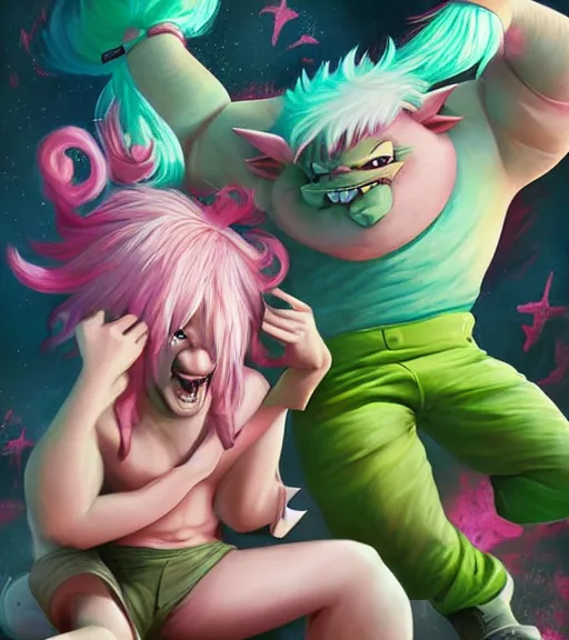 Prompt: portrait of'tomba!'with male with pink hair and green pants, attacking pig by ross tran, artgerm and wlop