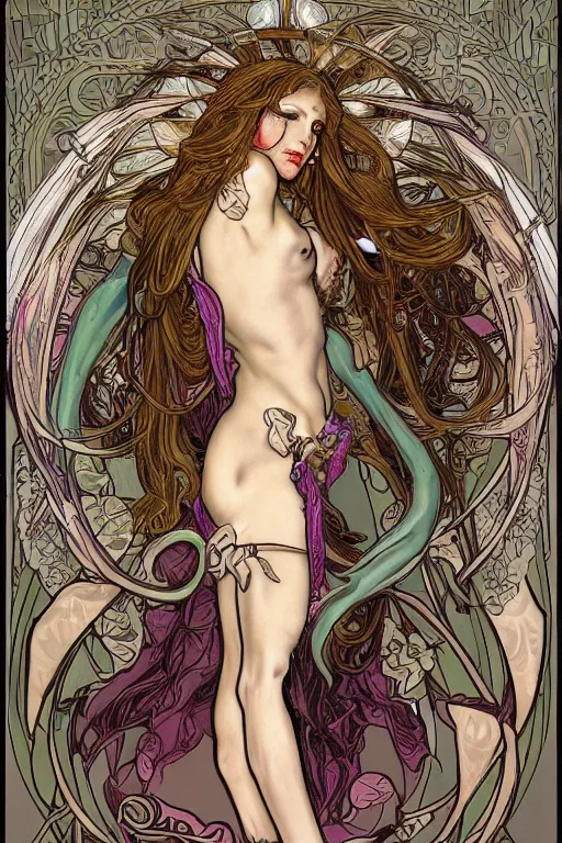 Image similar to tonemapped Angelic Succubus in the style of Ayami Kojima and Alphonse Mucha