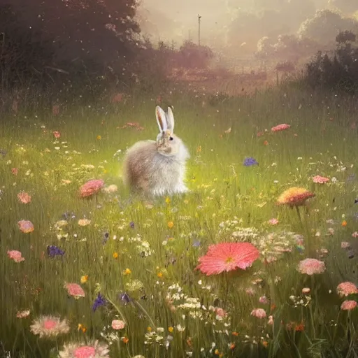 Image similar to a rabbit in a field of beautiful flowers, by stanley lau and greg rutkowski