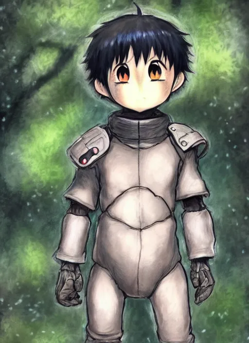 Image similar to beautiful little boy wearing an cyborg bear suit, artwork in kentaro miura and made in abyss and rosdraws, smooth, beautiful lightness, anatomically correct, trending on pixiv, forest