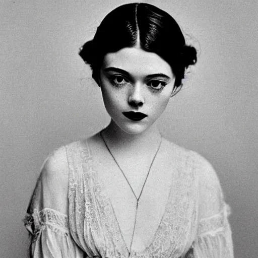 Image similar to headshot edwardian photograph of elle fanning, scarlett johansson, 1 9 2 0 s film actress, realistic face, 1 9 1 0 s, grainy, victorian, detailed, soft blur