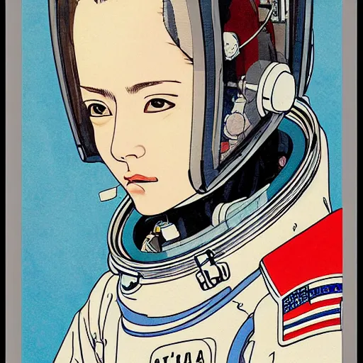 Image similar to portrait of female astronaut painted in miyazaki color style drawn by katsuhiro otomo and takato yamamoto, high detail, intricate linework, sharp, smooth face, china doll face, high detail, manga and anime