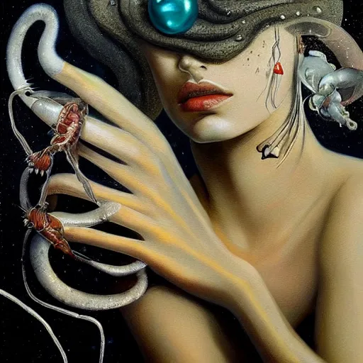 Image similar to beautiful painting of a white aquatic arthropod oniric landscape with silver linings and melting jewelry in the style of Francis Bacon, Karol Bak, Daturahex and Jesse Kanda. Dark background, detailed, trending on Artstation