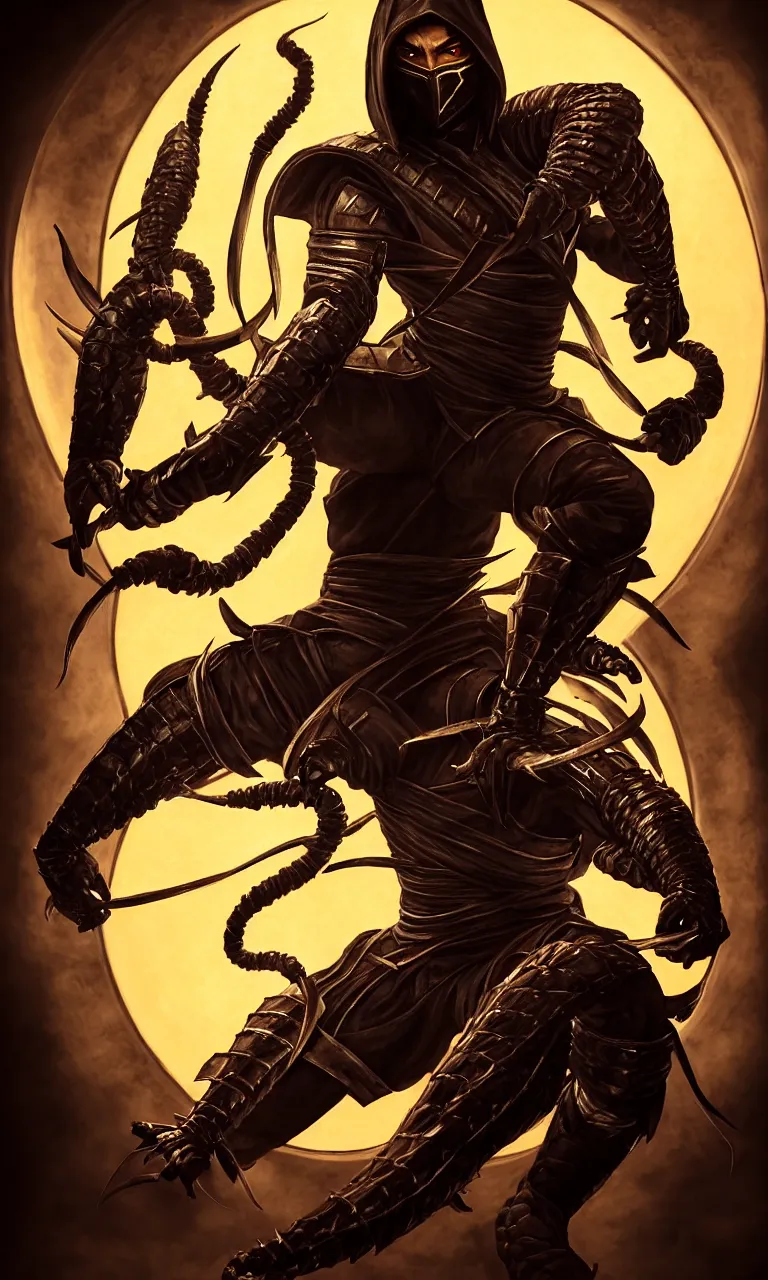 Image similar to portrait of hanzo hasashi scorpion from mortal kombat in the gates of a portal, full body shot, camera pulled back far, highly detailed dramatic lighting, artstation, atmospheric perspective, artgerm, mk ninja, epic ninja suit, intense contrast, 3 light sources, by lee bermejo, alphonse mucha and greg rutkowski