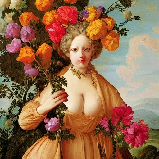 Prompt: a painting of a character made of flowers, flemish baroque, by jenny eakin delon, neoclassicism, flemish baroque, made of flowers