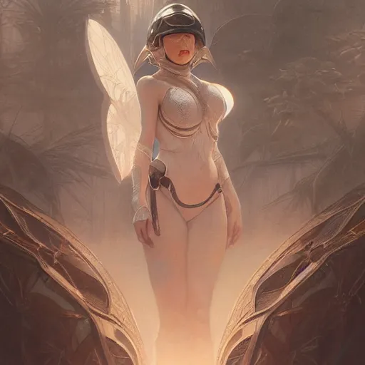 Image similar to pale skinned woman wears a metal helmet, fog, volumetric lighting, intricate, elegant, highly detailed, digital painting, artstation, concept art, smooth, sharp focus, art nouveau, art by artgerm and greg rutkowski and alphonse mucha