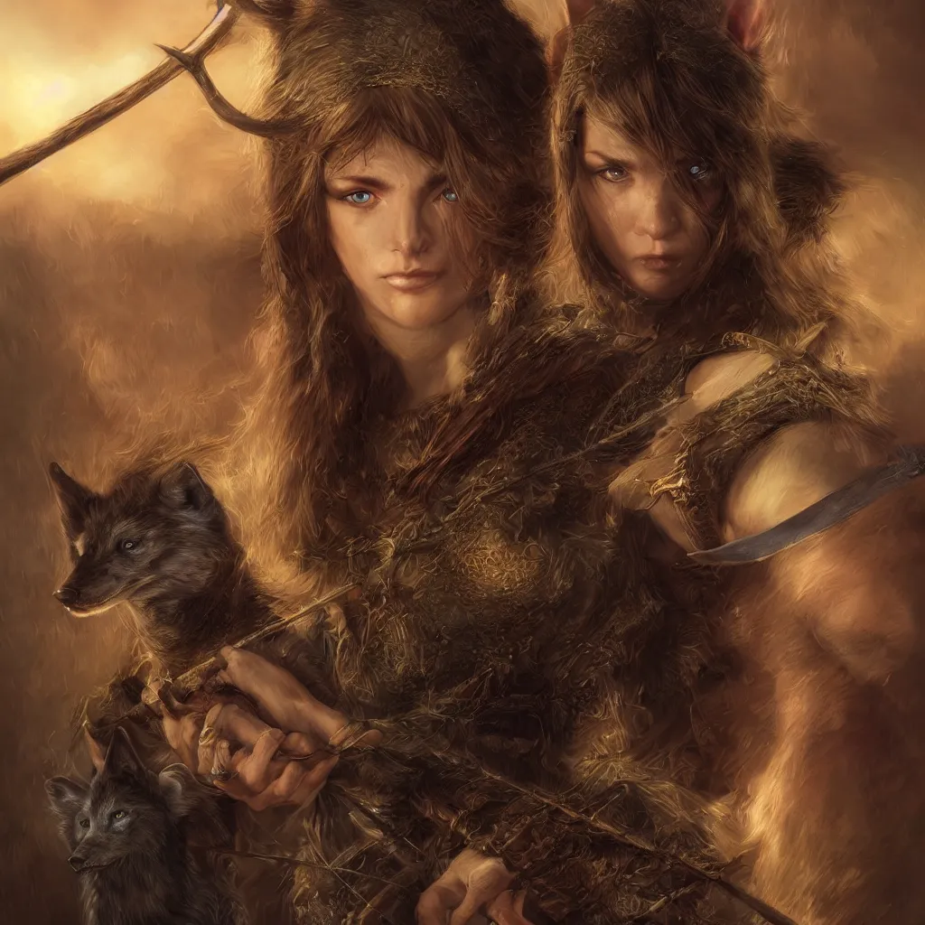 Image similar to Photorealistic cinematic close-up portrait of one single powerful angry female D&D elf ranger holding a longbow, with a pet wolf, by Larry Elmore. Magical occult photorealism, UHD, amazing depth, glowing, golden ratio, 3D octane cycle unreal engine 5, volumetric lighting, cinematic lighting, cgstation artstation concept art