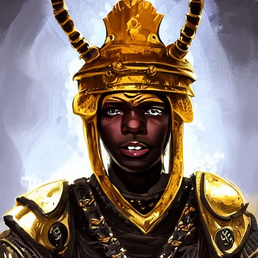 Prompt: a young black boy dressed like an african moorish warrior in gold armor and a crown with a ruby, and a glowing sword, for honor character digital illustration portrait design, by adi granov in a cyberpunk style, dramatic lighting, hero pose, wide angle dynamic portrait